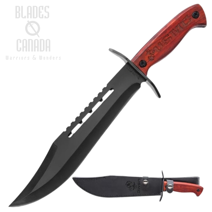 USMC Bowie Knife, Stainless Steel Blade, Wood Handle, Leather Sheath, UC3361